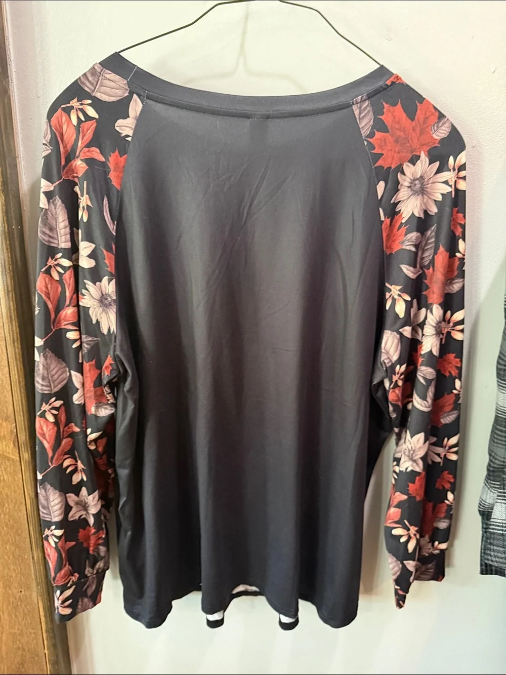 Black Raglan Top with Floral Long Sleeves - Picture 3 of 3